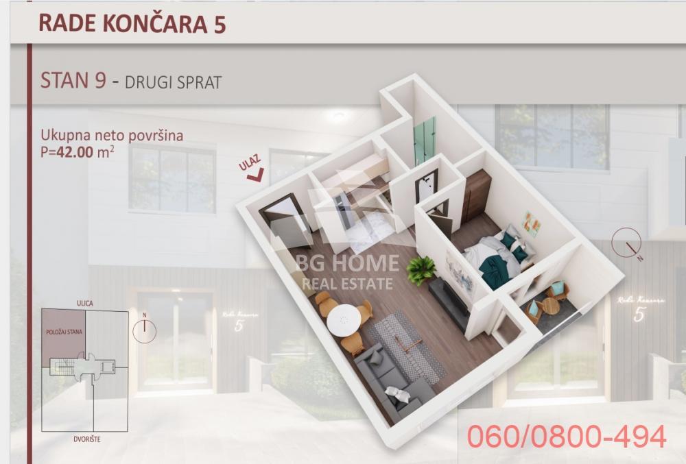 Glavna slika -Rade Končara, 42m2, jednoiposoban stan u novogradnji