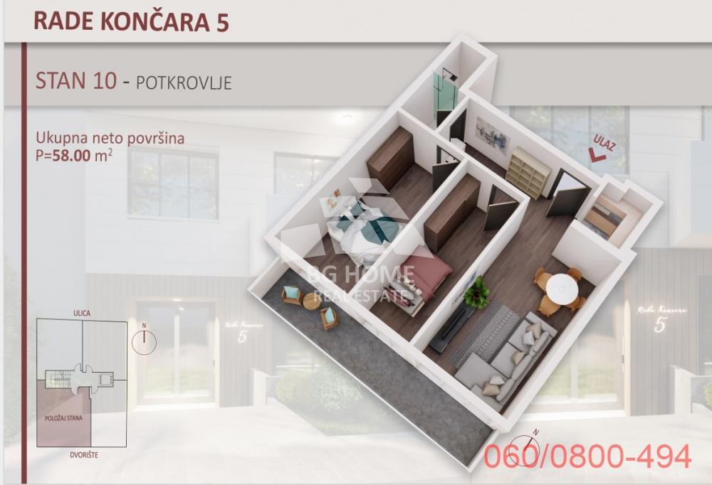 Glavna slika -Rade Končara, 58m2, dvoiposoban stan u novogradnji