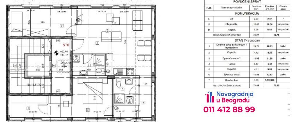 Glavna slika -Kaluđerica, 75m2, trosoban stan u novogradnji
