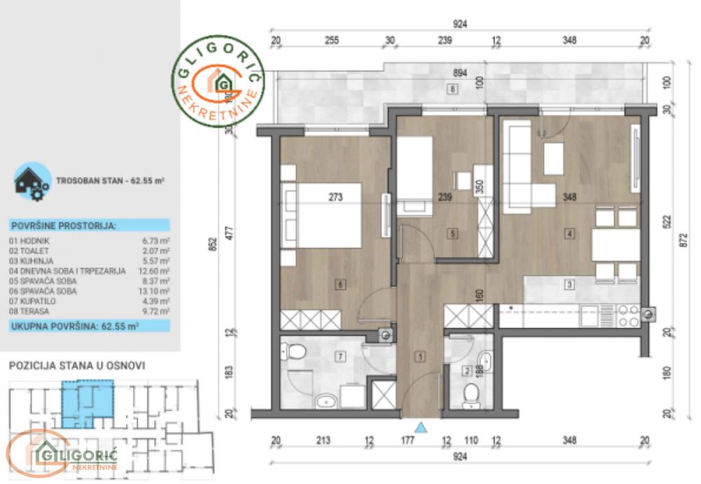 Glavna slika -Voždovac, 63m2, trosoban stan u novogradnji