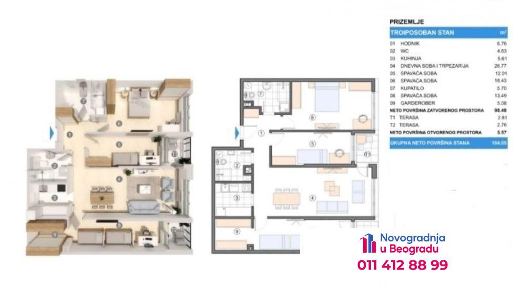 Glavna slika -Gornji grad, 104m2, troiposoban stan u novogradnji