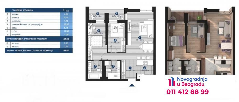 Glavna slika -Autokomanda, 69m2, trosoban stan u novogradnji