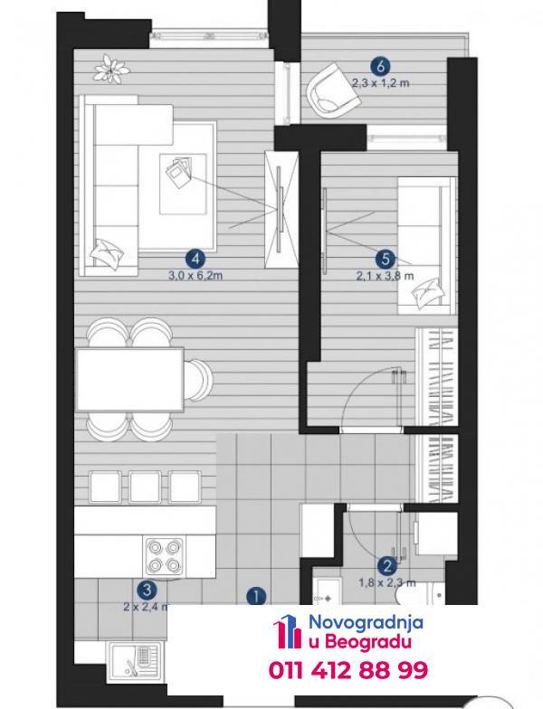 Glavna slika -Autokomanda, 43m2, dvosoban stan u novogradnji