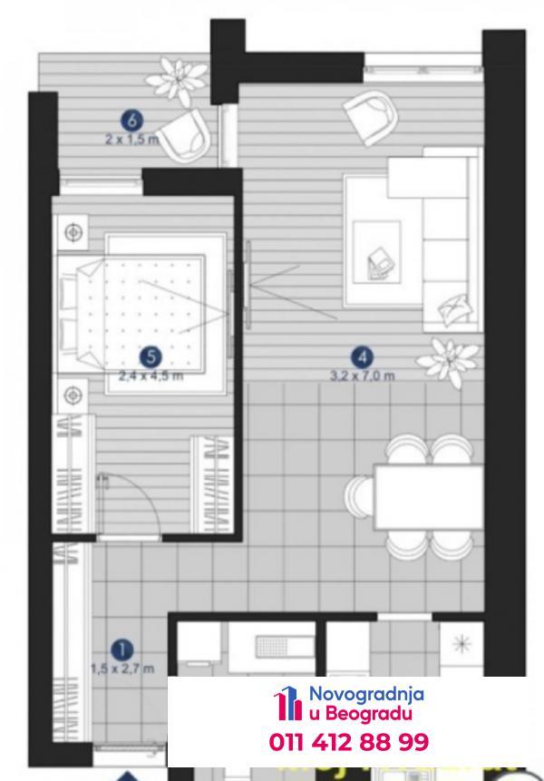 Glavna slika -Voždovac, 54m2, dvosoban stan u novogradnji