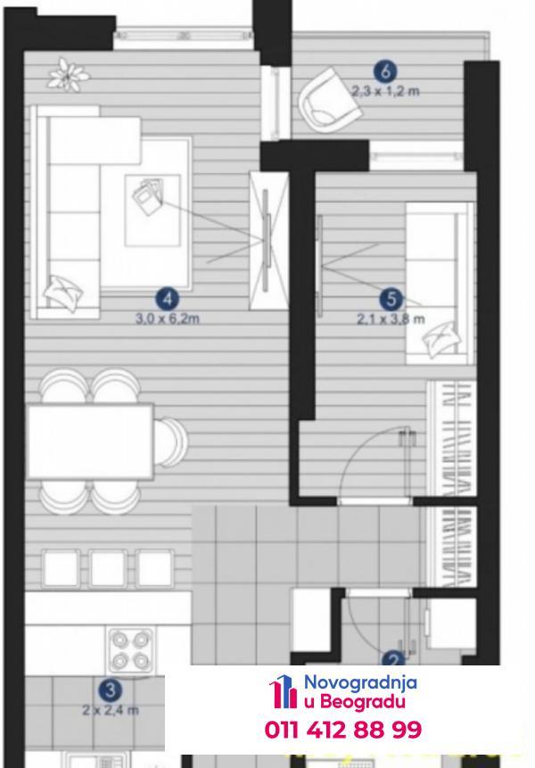 Glavna slika -Voždovac, 43m2, dvosoban stan u novogradnji