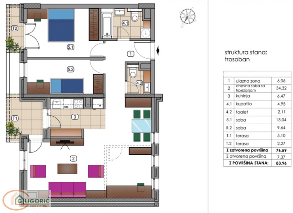 Glavna slika -Tošin bunar, 84m2, trosoban stan u novogradnji