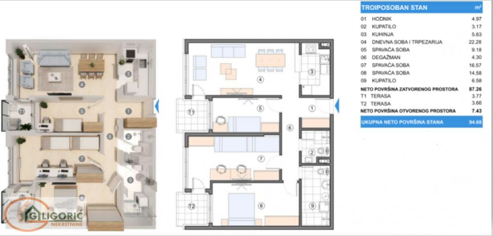 Glavna slika -Gornji grad, 94m2, troiposoban stan u novogradnji